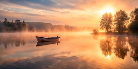 Obraz premium A solitary boat rests peacefully on the calm, misty surface of a lake, bathed in the warm glow of a sunrise that paints the sky in hues of orange and pink.