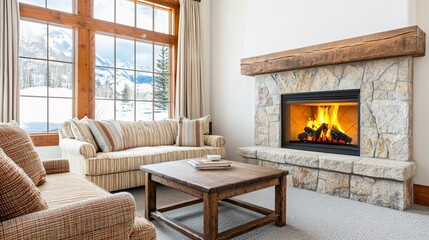 Fototapeta premium A cozy living room featuring a stone fireplace, plush seating, large windows, and a warm atmosphere, designed for relaxation and comfort.