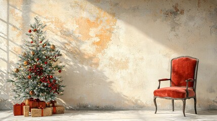 A cozy scene featuring a decorated Christmas tree and a vintage red chair against an old, textured wall, creating a festive atmosphere.