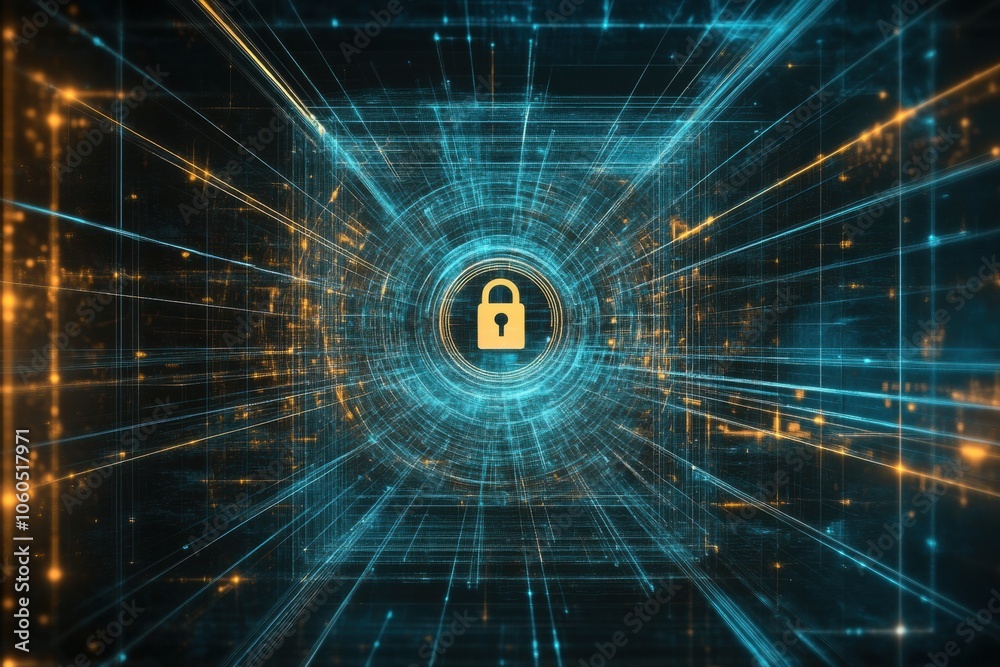 Poster The computer screen shows a prominent lock icon at the center, representing digital security within a network of vibrant lines and lights. Generative AI