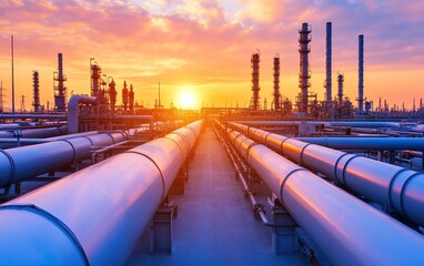 A sunset illuminates a network of pipes and industrial structures, highlighting the beauty and complexity of an industrial landscape.