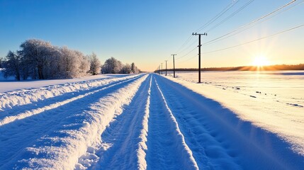 Obraz premium A serene winter landscape with snow-covered roads and a bright sunset illuminating the scene, highlighting the beauty of a tranquil season.