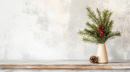 Fototapeta premium A minimalist display featuring a vase with greens and red berries, complemented by a pine cone, set against a textured light wall.