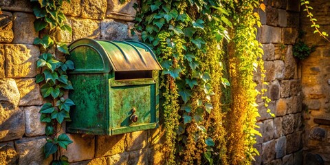 A weathered green mailbox nestled among ivy and a stone wall, bathed in golden sunlight.