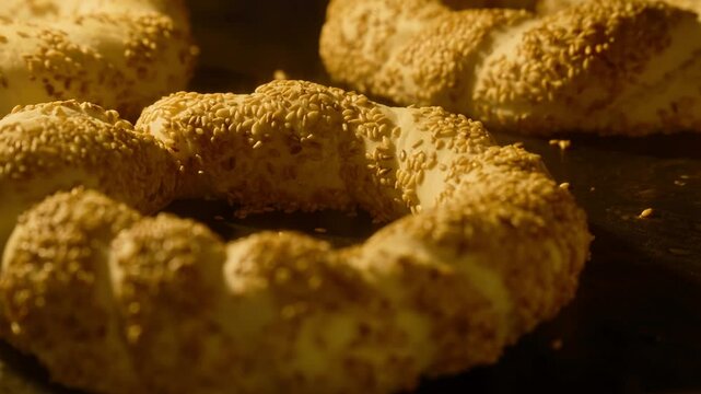 Turkish simit rising up in oven. Baking concept. Timelapse of traditional Turkish fast food bagel with sesame baking in oven. Tasty bagel Simit with sesame. Closeup in 4K, UHD