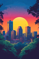 Fototapeta premium Raleigh, USA, Pop Art style theme print. Cityscape, city skyline.Vibrant, bright, modern, trendy, graphic designed for poster, card, wallpaper