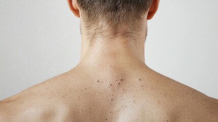 Naklejka premium Closeup of a person with large, dark moles on the back, showing uneven skin growths dark moles, skin growths, back problem