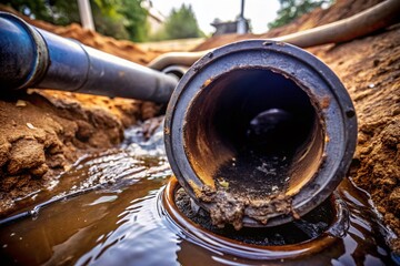 Detailed view of drainage pit pipe showing sewage pump connected to septic tank, showcasing conceptual themes in septic services, waste management, and environmental care.