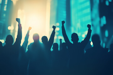 Group of businessmen celebrating success with raised hands and smiles, with copy space. Bright office lighting. Modern corporate background. 