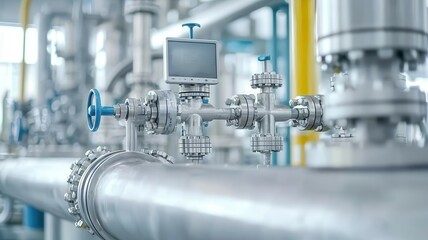 Closeup of an oil refinery s chemical process, with steam and pressure valves   chemical process, refinery, industrial technology
