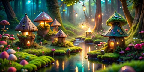 Fototapeta premium Enchanted Woodland With Tiny Homes Glowing With Warm Light