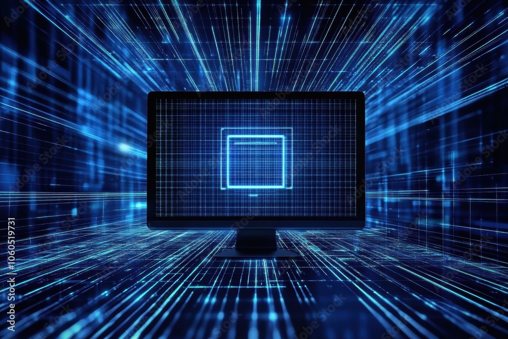 Fototapete a computer screen shows a glowing blue protection icon amidst a digital landscape of data and connec