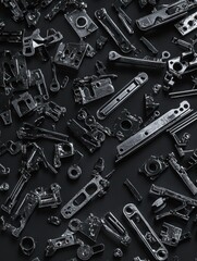 Fototapeta premium Assorted Mechanical Parts Top View in Knolling Arrangement on Black Background