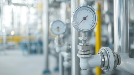 Closeup of valves and gauges in a refinery s pressure control system, regulating oil flow   pressure control, refinery technology, industrial process