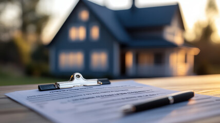 close up of property loan term sheet with pen, set against blurred house background. image conveys sense of financial planning and homeownership