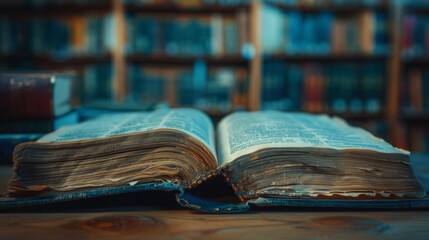 Fototapeta premium macro shot of well worn textbook opened on wooden table, surrounded by shelves filled with books, evokes sense of knowledge and history