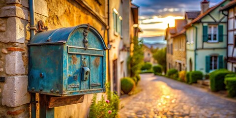 Naklejka premium A weathered blue mailbox stands sentinel on a quaint stone wall, overlooking a cobblestone street bathed in the golden glow of the setting sun.