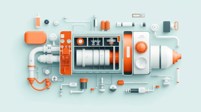Futuristic mechanical device with intricate components and tubes, featuring control panels, gauges, and knobs in orange and white colors on a light blue background.