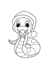 Christmas cute snake coloring book page. Christmas doodle book coloring page. Outline illustration.