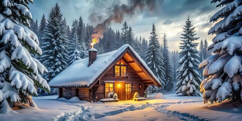 Fototapeta premium A cozy wooden cabin with a warm glow emanating from its windows, nestled amongst snow-laden evergreens in a serene winter forest.