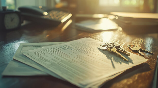 close up of property collateral documents on desk with keys, capturing moment of organization and readiness. warm light enhances scene inviting atmosphere