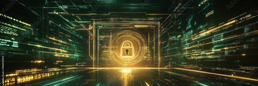 Aufkleber A central lock icon appears on a computer screen, emphasizing security in a digital space filled with data streams and technology. Generative AI