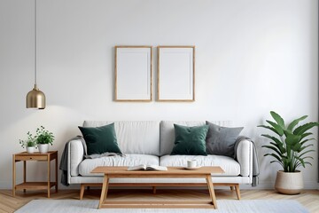 Modern Scandinavian living room with empty mock-up frame, sofa, table, and wooden shelf.