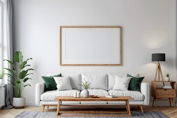 Obraz premium Modern Scandinavian living room with empty mock-up frame, sofa, table, and wooden shelf.