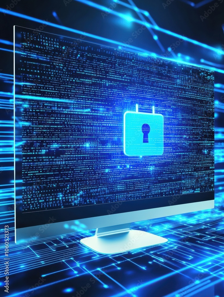 Aufkleber a computer screen showcases a blue protection icon against a backdrop of flowing digital data, empha