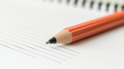 Close-up of an orange pencil resting on blank lined notebook paper