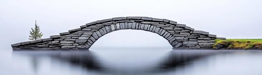 Ancient stone bridge crossing foggy river, monochrome depth, historical feel, cinematic composition, high detail