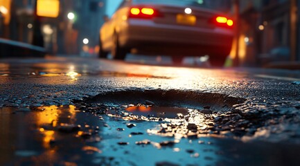 A car passing by a deep pothole filled with rainwater on an urban street during early evening in a bustling cityscape