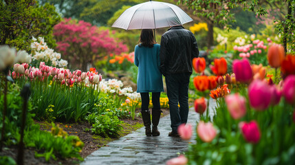 Romantic Couple Sharing an Umbrella on a Rainy Day in a Vibrant Flower Garden