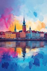 Fototapeta premium Riga, Latvia, Pop Art style theme print. Cityscape, city skyline.Vibrant, bright, modern, trendy, graphic designed for poster, card, wallpaper