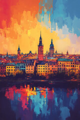 Obraz premium Riga, Latvia, Pop Art style theme print. Cityscape, city skyline.Vibrant, bright, modern, trendy, graphic designed for poster, card, wallpaper