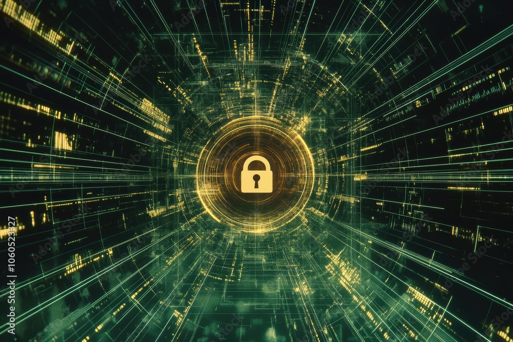Aufkleber A central lock icon appears on a computer screen surrounded by a network of lines and glowing data patterns, symbolizing cybersecurity. Generative AI