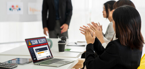 Cyber security software show alert of cyber attack for protection snugly. Danger from virus, phishing and cyber fraud.