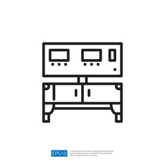 A simple line drawing of a display cabinet featuring two screens on top, suggesting a functional piece of furniture for showcasing items or information.