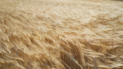 Golden wheat field in closeup, fine grain texture background highlighting the simplicity and warmth of harvest