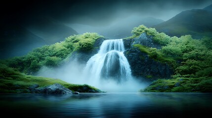 Majestic waterfall cascades through lush greenery while mist envelops tranquil landscape in serene nature scene