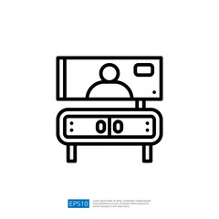 A minimalist illustration of a television on a cabinet, featuring a person displayed on the screen. The design emphasizes simplicity and modern aesthetics.