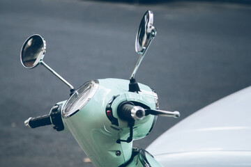 close up of a vintage motorcycle in the street