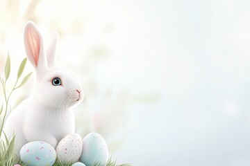 Fototapeta premium Delightful Easter Bunny Amidst Colorful Eggs on a Sunny Meadow With Space for Joyful Greetings