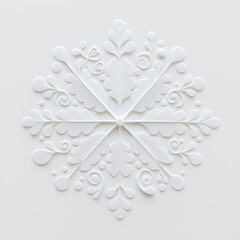 Delicate white paper-cut snowflake design with ornate leaf and swirl patterns on a soft background, reflecting winter beauty and minimalistic elegance