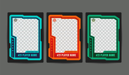 Set of trading frames for game sports card template, Three frames with player information for sports cards in various color