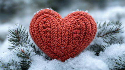 Fototapeta premium Red knitted heart close up, love concept