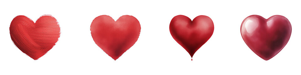 Four red hearts with various shades, white isolate background. transparent background
