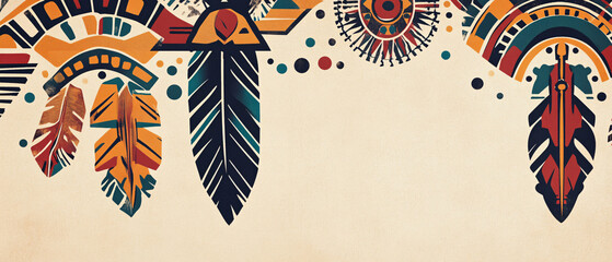 Obraz premium Colorful Abstract Feathers and Geometric Patterns on Beige Background, Colorful Abstract Feathers and Geometric Patterns on Beige Backg