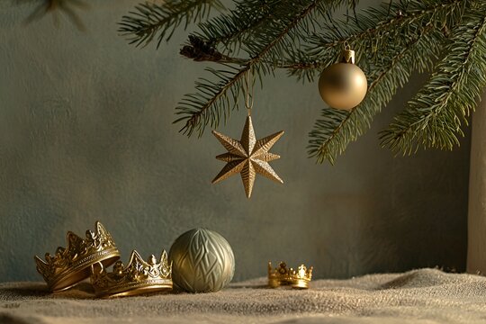 three gold crowns star and Christmas tree on a neutral background
