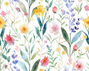 Vibrant floral watercolor pattern featuring variety of colorful flowers and lush green leaves, creating cheerful and lively atmosphere. Perfect for design projects
